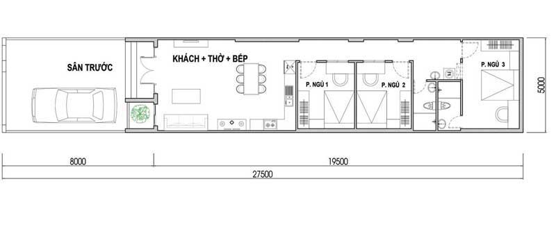 Bản vẽ mái tôn 5x20m nhà cấp 4 3 phòng ngủ 5x20